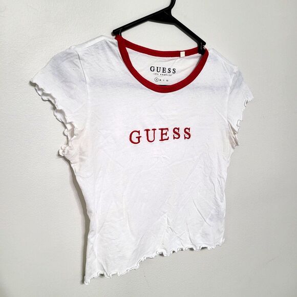GUESS Womens Small White Red Ringer Baby Tee Logo Y2K Crop EUC - Picture 1 of 6